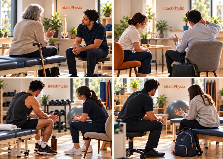 Physiotherapist listening to patients during individual consultations at IntactPhysio